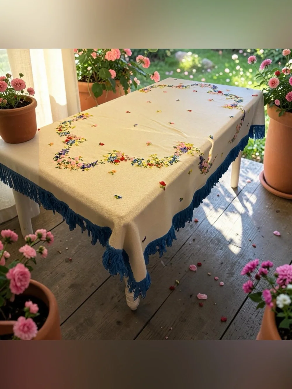 Vintage Crewel Hand Embroidery Needlepoint Tablecloth Throw Blanket Ribbon Roses